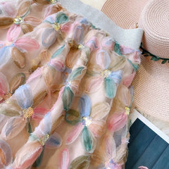 Hnewly Vintage Beading 3D Floral Tulle Long Skirt Women Summer Elegant Elastic High Waist A Lien Pleated Skirts Female Faldas Aesthetic