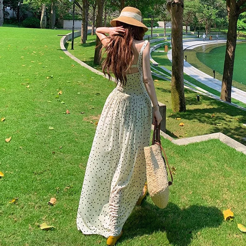 Hnewly  Elegant French Style White Polka Dot Strap Dress Women's Summer New Beach Vacation High-End Feeling Long Dress