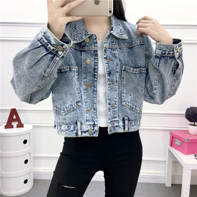 Hnewly Jean Jacket for Women Spring Autumn New Korean Bat Sleeved Short Top Loose BF Style Student Fashion Turn-down Collar Denim Coat