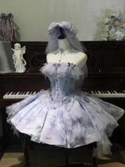 Hnewly  Summer Purple Strapless Lolita Dress Bow Applique Slim Fit Princess Dress for Women Birthday Party Wedding Evening Prom