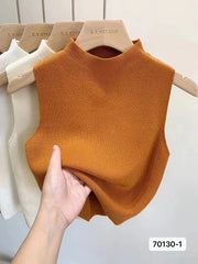 Hnewly White Knitted Camisole Sleeveless Vest For Women Spring Summer Half High Neck Short   Basic Bottom Top Korean Version Trendy Tee
