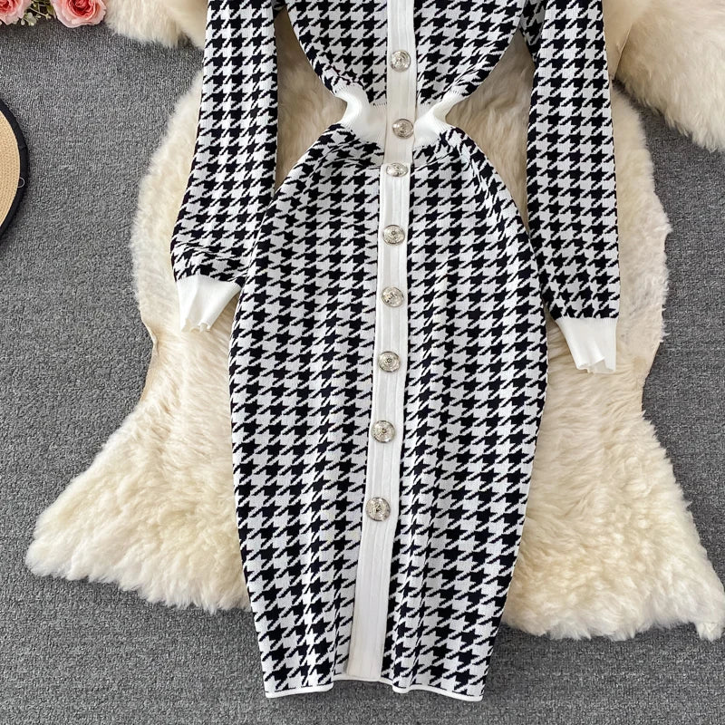 Hnewly  V-neck Sweater Dress Autumn New Versatile Slim Knitted Dresses Elegant Single Breasted High Waisted A-line Gown