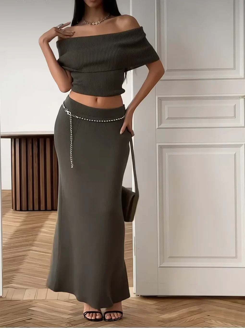 Hnewly Elegant Solid Knitted Elastic Waist Slim Maxi Skirt Suits Women Chic Sleeveless Off Shoulder Shawl Top Set Lady High Street Wear