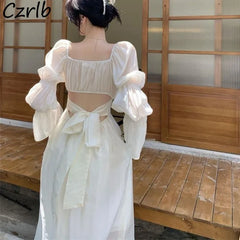 Hnewly  Solid Backless Dresses Women Elegant Sweet Square Collar Puff Sleeve Bow High Defined Waist A-ine Spring Summer Female Chic Lady