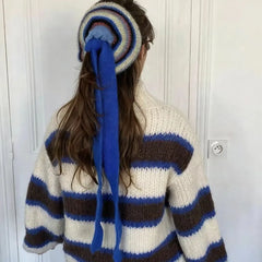 Hnewly  1pc INS Trendy Colorful Striped Knitted Hair Band with Ribbon Bow – Stylish New Hair Accessory