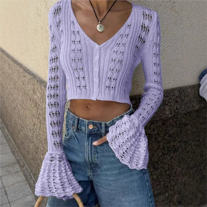 Hnewly New Knit Flare Sleeve V-neck Hollow Out Short Coat Fashion Casual Button Transparent Summer Cardigan Top Cover-up Jacket