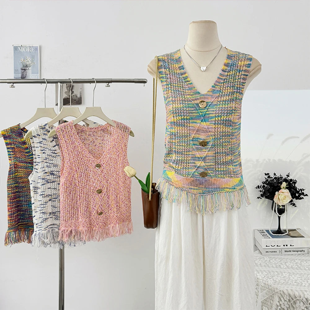 Hnewly  Retro Colored Striped Camisole Vest Women's 2025 New Summer New Sleeveless O-neck Knitted Shirt Elegant Hollow Out Short Top