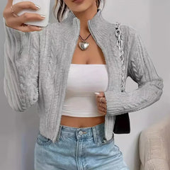 Hnewly  Zip Up Crop Cardigan for Women Boxy-fit Zipper Front Cable Knit Sweater Jacket Autumn Winter Teen-girl Y2K Outfit