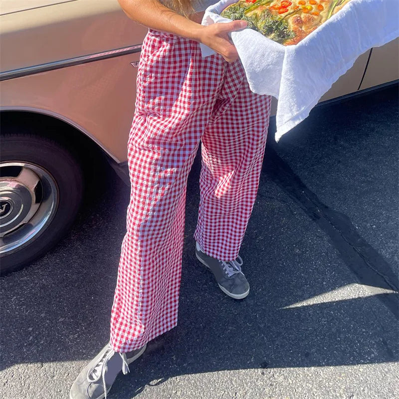 Hnewly Lounge Pants y2k Clothes Women Plaid Print Drawstring High Waist Loose Trousers with Pockets 2000s Clothing Streetwear