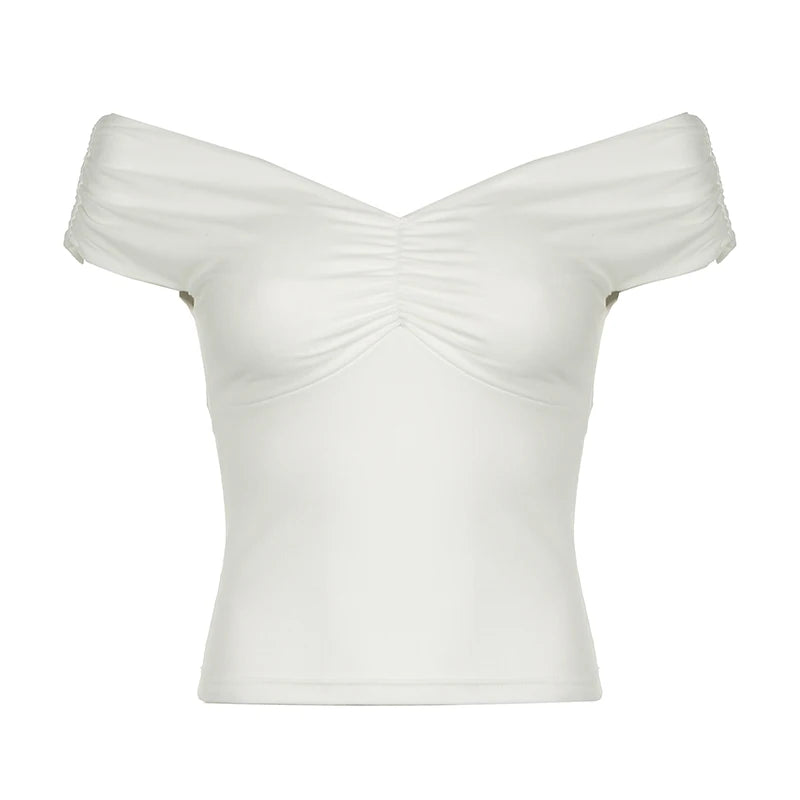 Hnewly V-Neck White Skinny Summer T shirt Women Folds Basic Off Shoulder Top All-Match Solid Casual Streetwear Tee Clothing