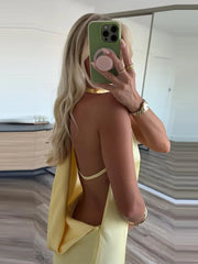 Hnewly  Elegant Silk Women's Dress Fashion Solid Sleeveless Backless Slim Maxi Dresses Summer Chic Female Vacation Holiday Robe