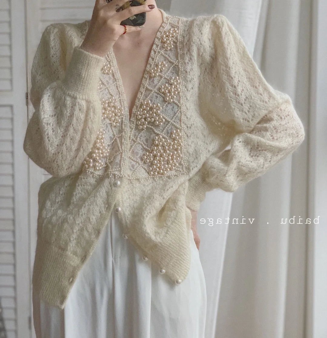 Hnewly  Women Luxury Pearls Beaded Mohair Sweater V-neck Hollow Out Thin Loose Knitted Cardigan Korean Elegant Long Sleeved Spring Top