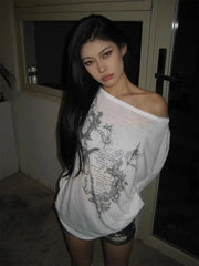 Hnewly  Korean Fashion Graphic Tees Women Transparent Vintage Gothic T Shirt Long Sleeve Loose Punk T-shirt Streetwear Tops