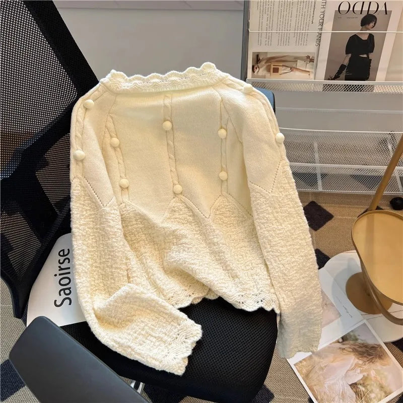 Hnewly  Korean Sweater Cardigan Women's Spring Autumn 2025 Versatile Soft Knitted Jacket Elegant Lace Single Breasted Long Sleeved Top