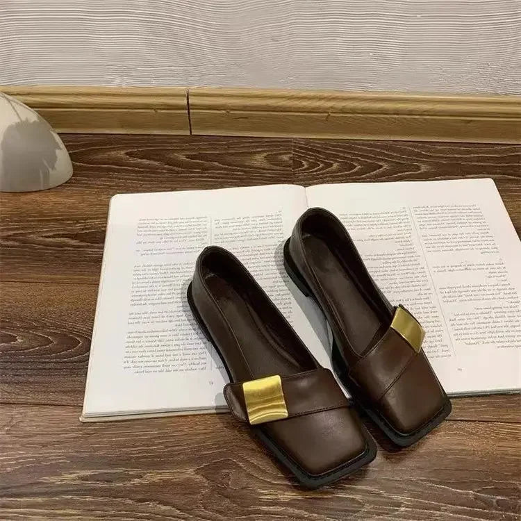 Hnewly  Square Toe Ladies Footwear Moccasins With Heel Shallow Beige Luxury Brand Lastest Low Price Popular Spring 39 Women's Flat Shoes
