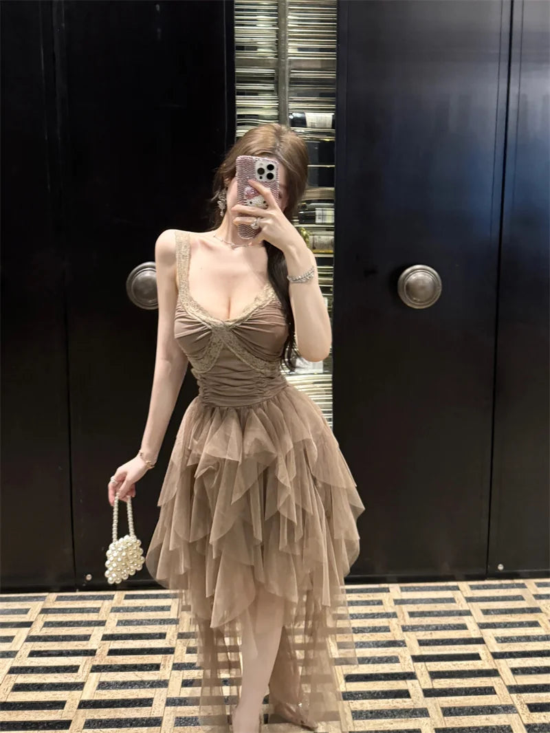 Hnewly  French Style Spaghetti Strp Dress For Women Patchwork Lace Mesh Birthday Party Gril Dress Irregular Princess Dress