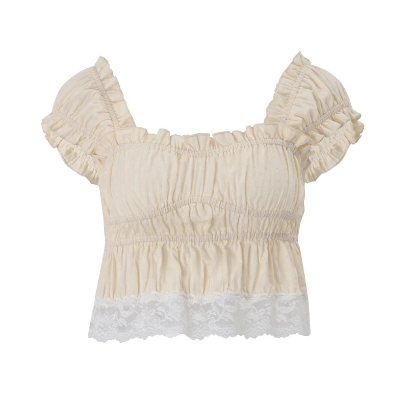 Hnewly Sexy Square Collar Lace Edge Ruched Causal Solid Crop Tops Y2K Summer Fashion New Women Daily 2025 Party Vest Clothes
