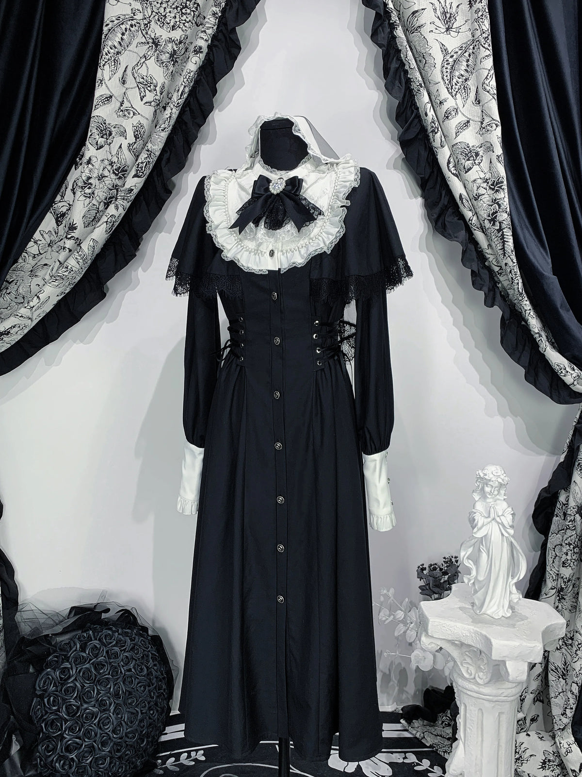 Hnewly  Spring mine Mass-Produced Black Long-Sleeve Dress Japanese Style Women's High-Waisted Slimming Lace Bow Lolita Long Dress
