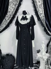Hnewly  Spring mine Mass-Produced Black Long-Sleeve Dress Japanese Style Women's High-Waisted Slimming Lace Bow Lolita Long Dress