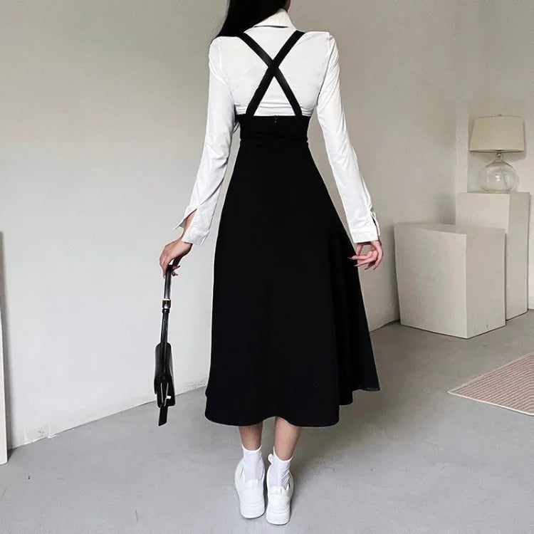Hnewly cute professional outfits Simple Lapel Neck Long Sleeve White Shirts Women+ Sexy Slim Waist Lace Up Strap Dress Early Autum New Two Piece Sets