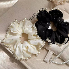 Hnewly  2PCS Polka-dot Pearl Hair Scrunchies, French Elegance Hair Ties, Atmosphere-enhancing Elastic Bands for Bun Hairstyles, New Arri