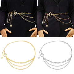 Hnewly  Ladies Vintage Punk Waist Chain Gold Silver Hip Hop Sun Moon Star Waistbands Metal Womans Chain Belt