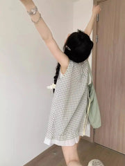 Hnewly New Reduced Aging Checkered Fake Two Piece Sleeveless Splicing Summer Lace Sweet Loose Strap Top Tank Top
