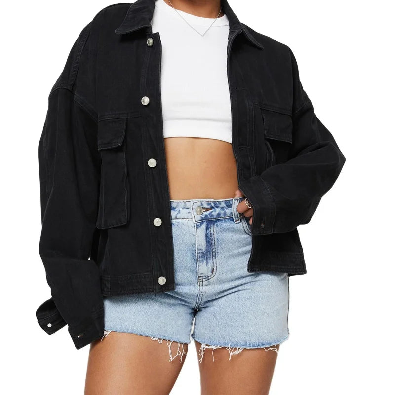 Hnewly Denim Jacket Women y2k Clothes Solid Color Turn-down Collar Single Breasted Long Sleeve Jeans Coat 2000s Streetwear