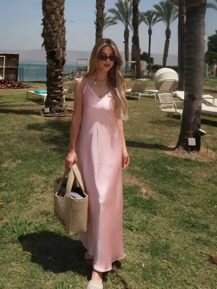 Hnewly Women Summer Yellow Stain V Neck Sling Dress Elegant Sleeveless Loose Maxi Robes 2025 New Ladies Party Holiday Dresses