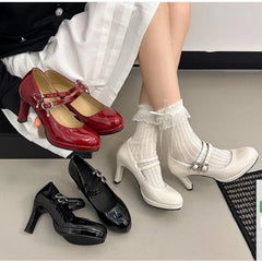 Lunivop  Designer Luxury Patent Leather Thick Heel Women Mary Jane Shoes Fashion Belt Buckle Shoes Ladies Elegant Dress Dancing Pumps