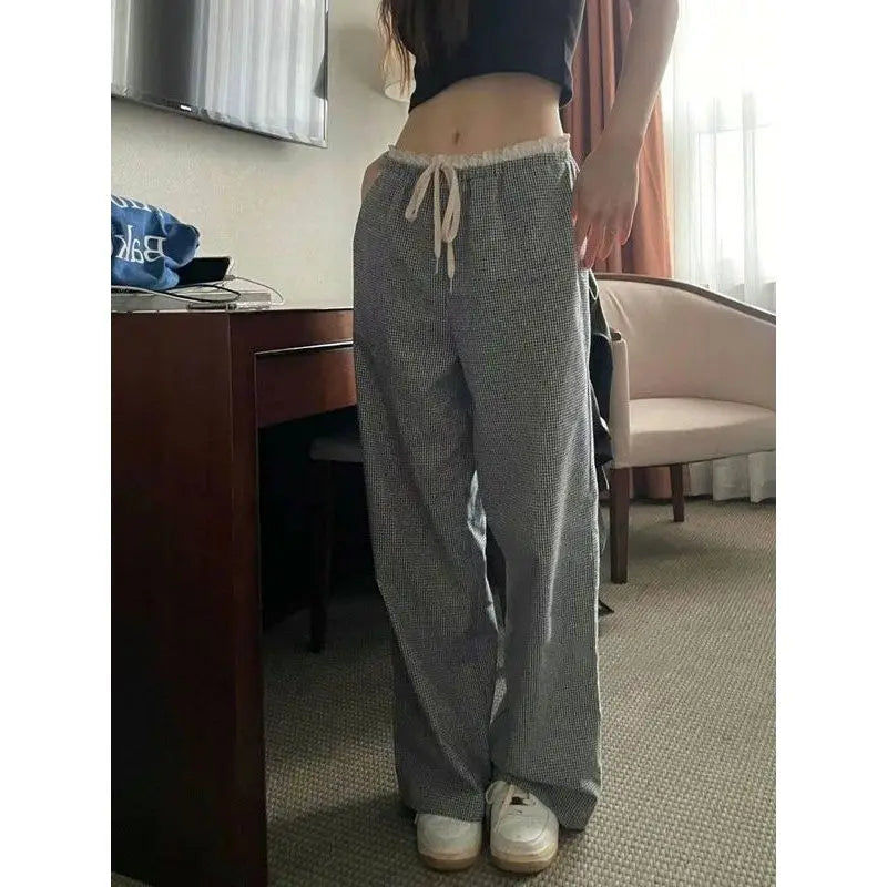 Vintage Plaid Women Pants Y2k Oversized High Waist Drawstring Sweatpants Baggy Casual Trousers Korean Fashion Harajuku