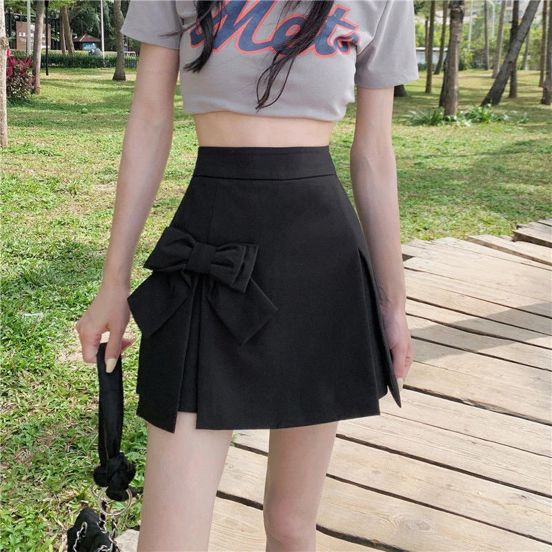 Hnewly  Chic Bow Knot Pleated Skirt Women Korean Asymmetrical Split High Waist Skirts Ladies Preppy Style Basic Solid A-Line Skirt Mujer