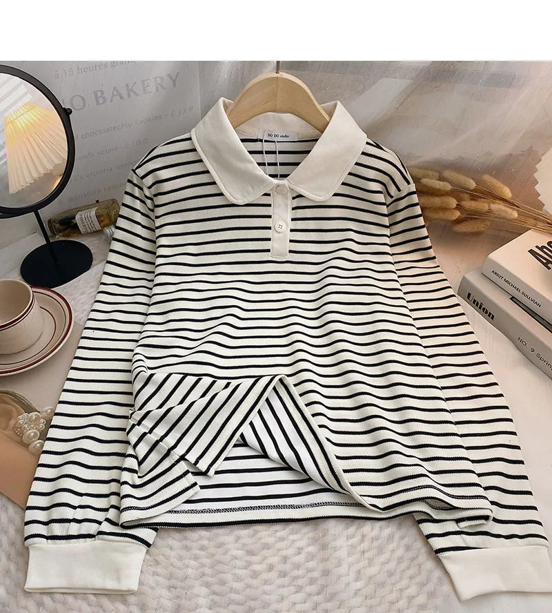 Hnewly  Classic Black White Striped Sweatshirts Casual Loose Turn-down Collar  Women's Spring 2025 New Korean Long Sleeve T-shirt Top