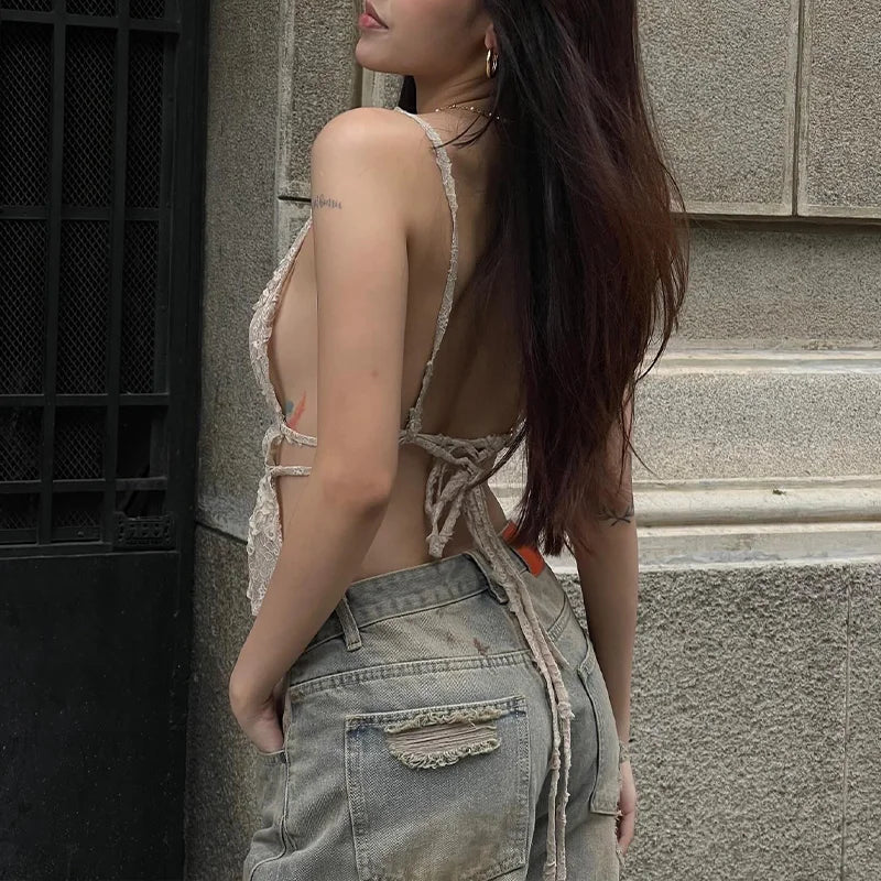 Hnewly Sexy Lace Off Shoulder Backless Top Y2K Hotsweet Sleeveless Halter Crop Tops Casual Summer for 2024 Street Party Camis