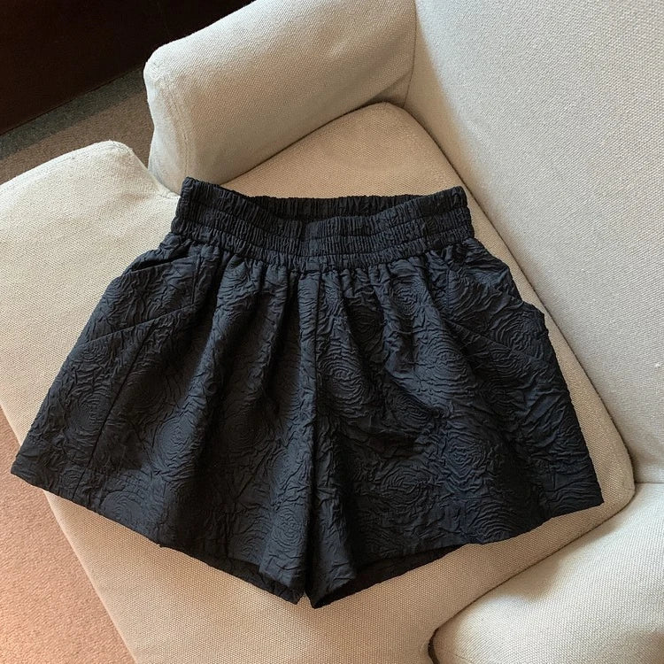 Hnewly  Black White Jacquard Shorts Women 2025 Summer Elastic High Waist Pockets Wide Leg Shorts Woman Loose Streetwear Half Pants