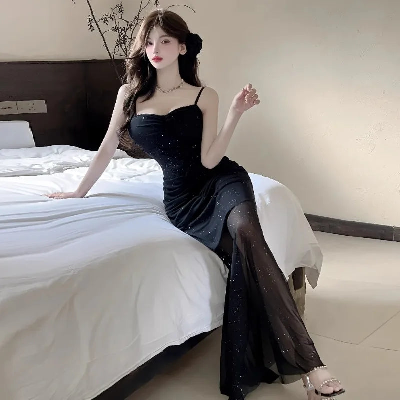 Hnewly  Women Dresses Sleeveless Mesh Patchwork Elegant Slash Neck Sexy Fashion Mermaid Dress Party Female French Style