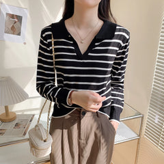 Hnewly  Striped Knit Pullover Sweater Women's Autumn 2025 New Lapel Shirt V-neck Loose Long Sleeve T-shirt Fashion Bottoming Short Top