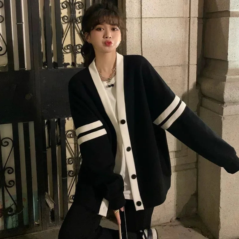 Hnewly  Varsity Cardigan Sweater for Women Long Sleeve V-Neck Button-up Knit Slouchy Cardi Korean School-girl Preppy Fall Winter Outfit