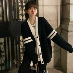 Hnewly  Varsity Cardigan Sweater for Women Long Sleeve V-Neck Button-up Knit Slouchy Cardi Korean School-girl Preppy Fall Winter Outfit