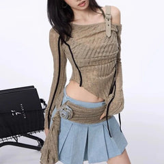 Hnewly 2000s Aesthetic Vintage T-shirts Women Sexy Y2k Punk Gyaru Long Sleeve Crop Streetwear Asymmetrical Top Slash Neck Tee