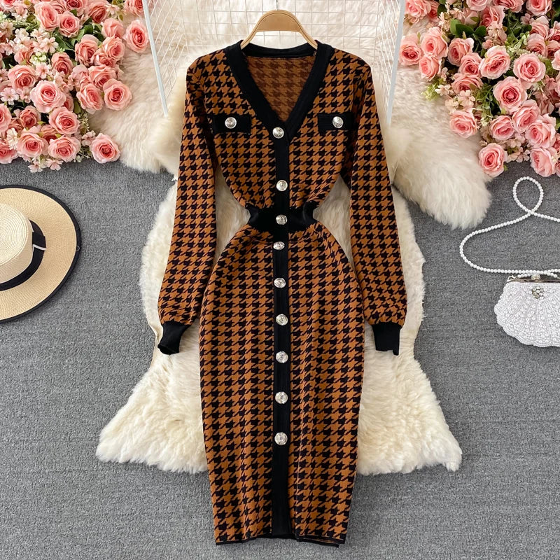 Hnewly  V-neck Sweater Dress Autumn New Versatile Slim Knitted Dresses Elegant Single Breasted High Waisted A-line Gown