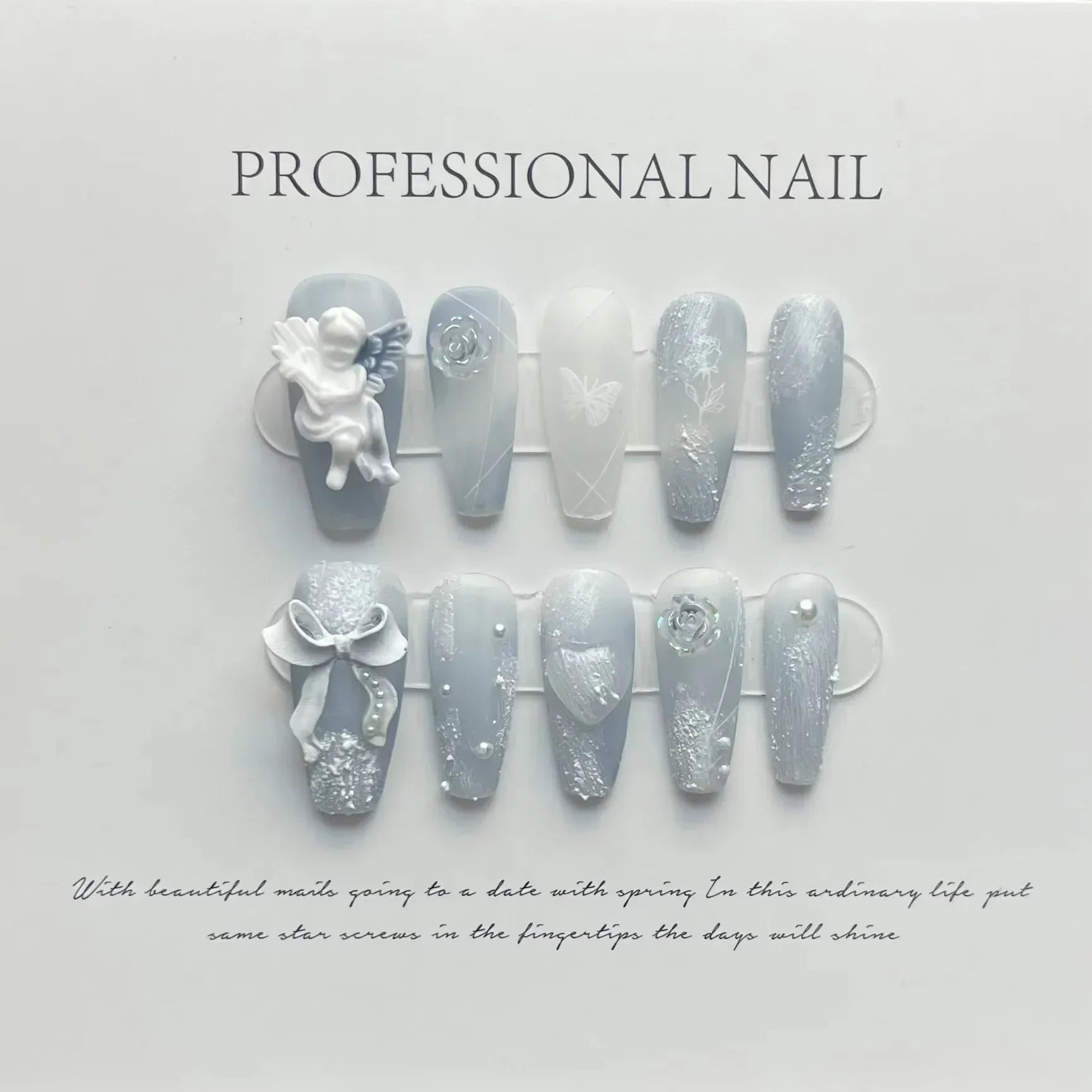 Hnewly 10Pcs Handmade Press on Nails Long Ballet Blue Fake Nails with 3D Ocean Moon Rhinestone Design False Nails Full Cover Nail Tips