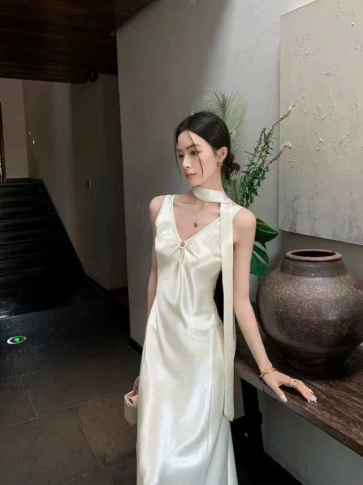 Hnewly Elegant Satin V Neck Dress Women Y2K Korean Chic Ribbon Slim Midi Dress Summer Sexy Hollow Out Folds Sleeveless Vestidos Mujer