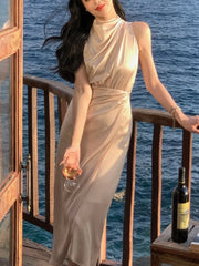 Hnewly Women Summer Halter Satin Midi Party Dress Sleeveless Bodycon Slim Casual Solid Birthday Vestidos Female One Pieces Fashion Robe