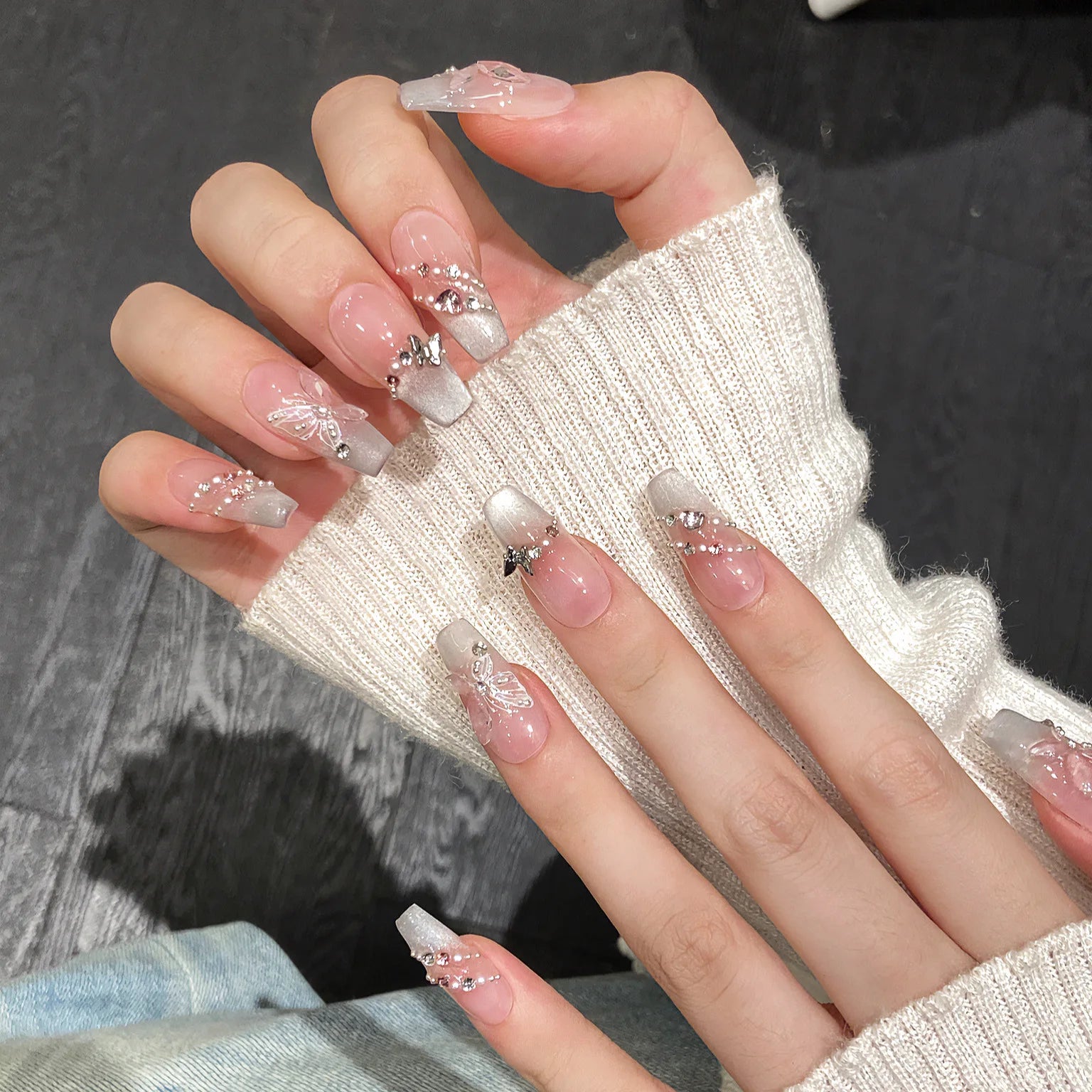 Hnewly 10Pcs Reuse Finished Fake Nails with Butterfly Deisgn Pink Cat's Eye French Handmade Press on False Nails Wearable Nail Art Tips