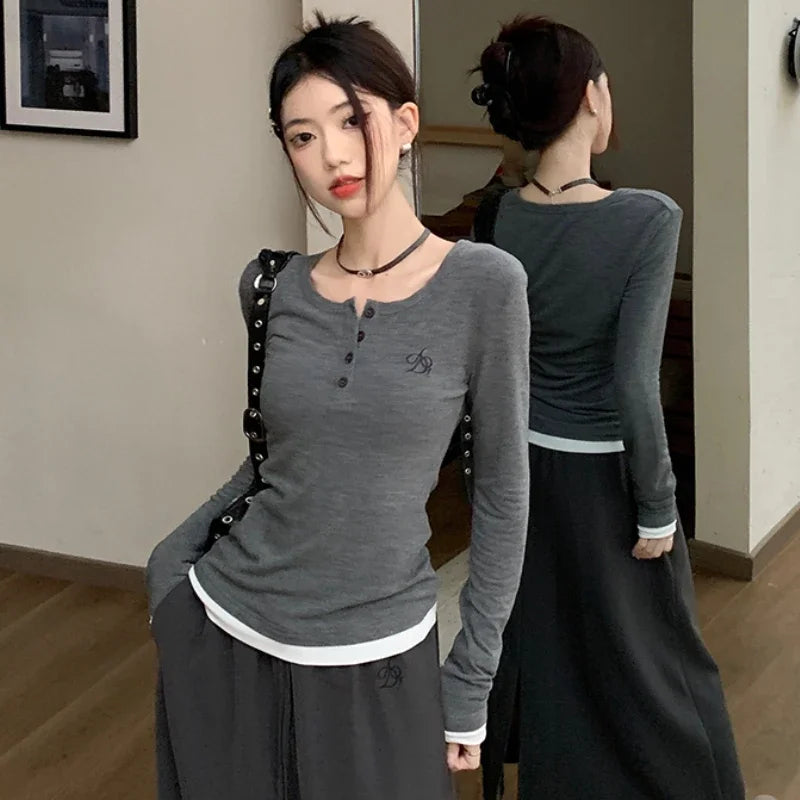 HnewlyT-shirts Women Fake 2 Pcs Spring Autumn Slim Tops Long Sleeve Korean Retro Female Stylish All-match Young Style Basic Clothes