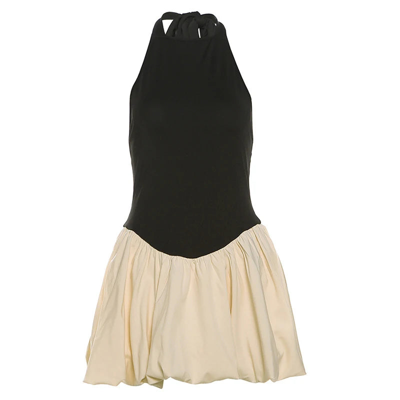 Hnewly  Bow Tie Patchwork Mini Bubble Dress Sweet Contrasting Color Off Shoulder Backelsss Elegant Short Sundress Hottie Streetwear