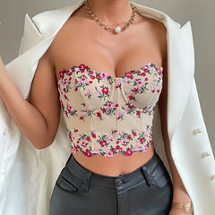 Hnewly Y2K Retro Sleeveless Embroidery Floral Crop Top, Bare Shoulder Camisole Vest,Sexy Strapless Lace fishbone Corset Tube Top
