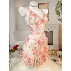 Lunivop  Sexy Lingerie Women's Seduction Mesh Floral Ruffle Edge Sexy Nightgowns Sleepshirts Perspective Pajama Set