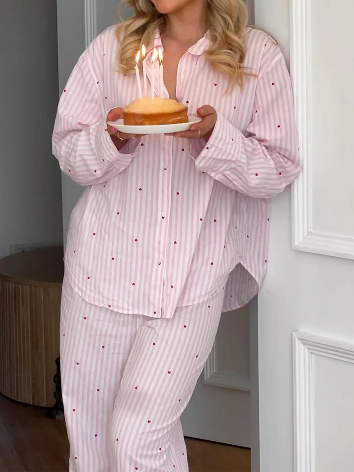 Hnewly  Women's Two Pieces Set Striped Heart Print Shirt and Pants Loungewear Set Long Sleeve Casual Cozy Set for Home